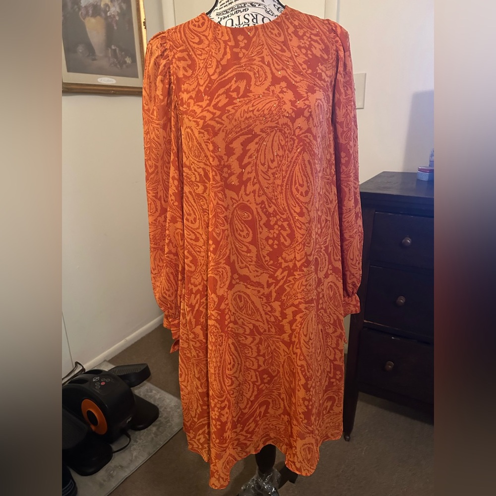 Calvin Klein Orange Paisley Long Sleeve Dress